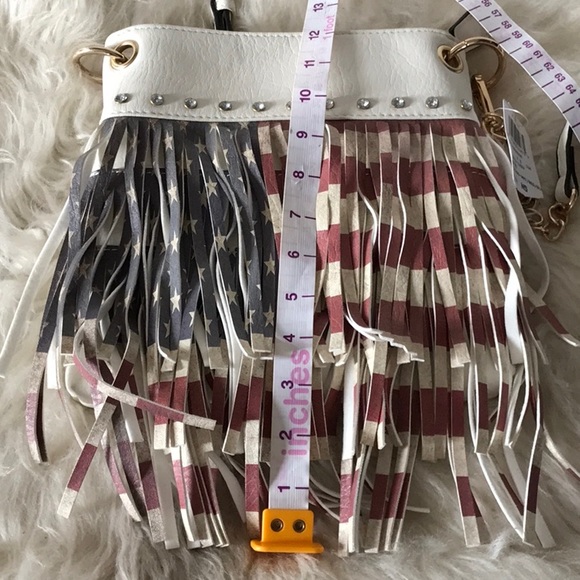 NWT Americana red white blue purse fringes vegan leather zipper compartments - Picture 10 of 12